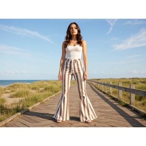 SAINTS & HEARTS Brown White Stripe Bell Bottom Jeans Size S Flare Leg Frayed